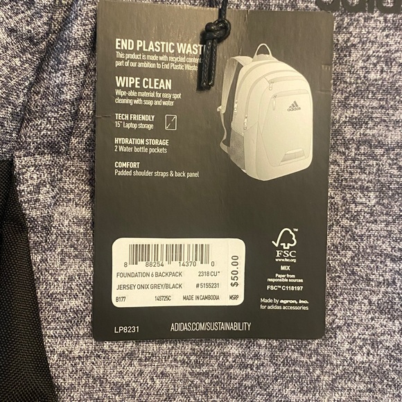 Adidas foundation 6 grey and Black Backpack new with tags - Picture 3 of 10